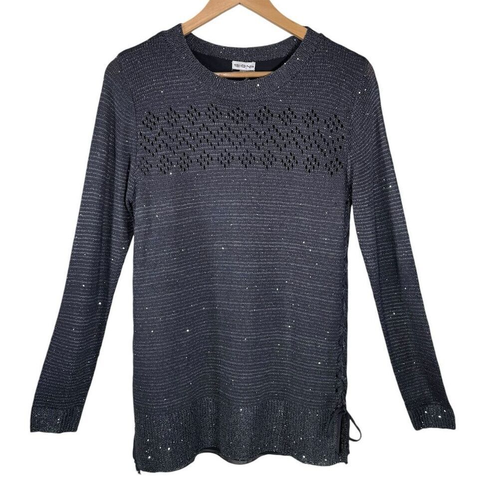 Sioni Women's Gray Knit Pullover Sweater M Sequin Detail Crew Neck Casual